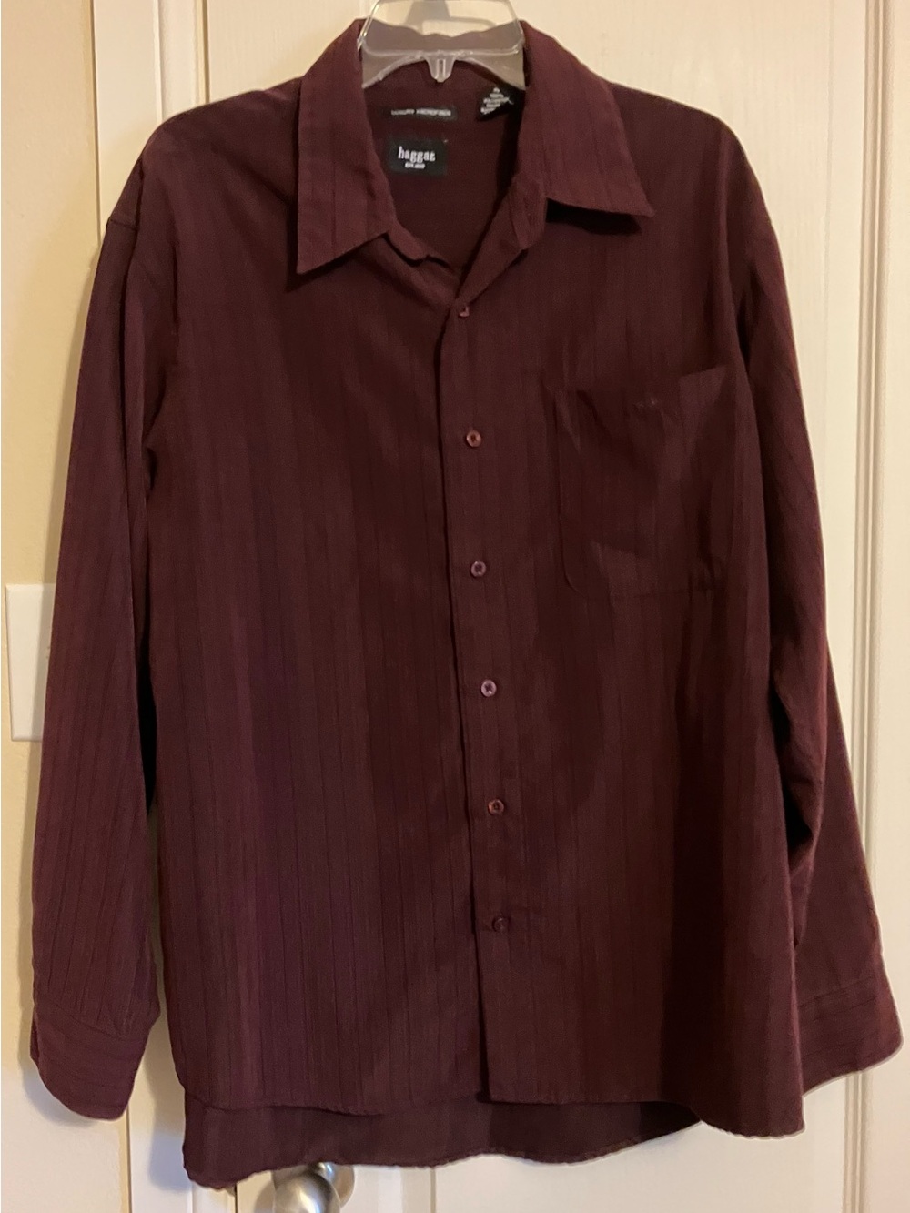 Haggar Men's Dress Shirt Burgundy with Subtle Stripe